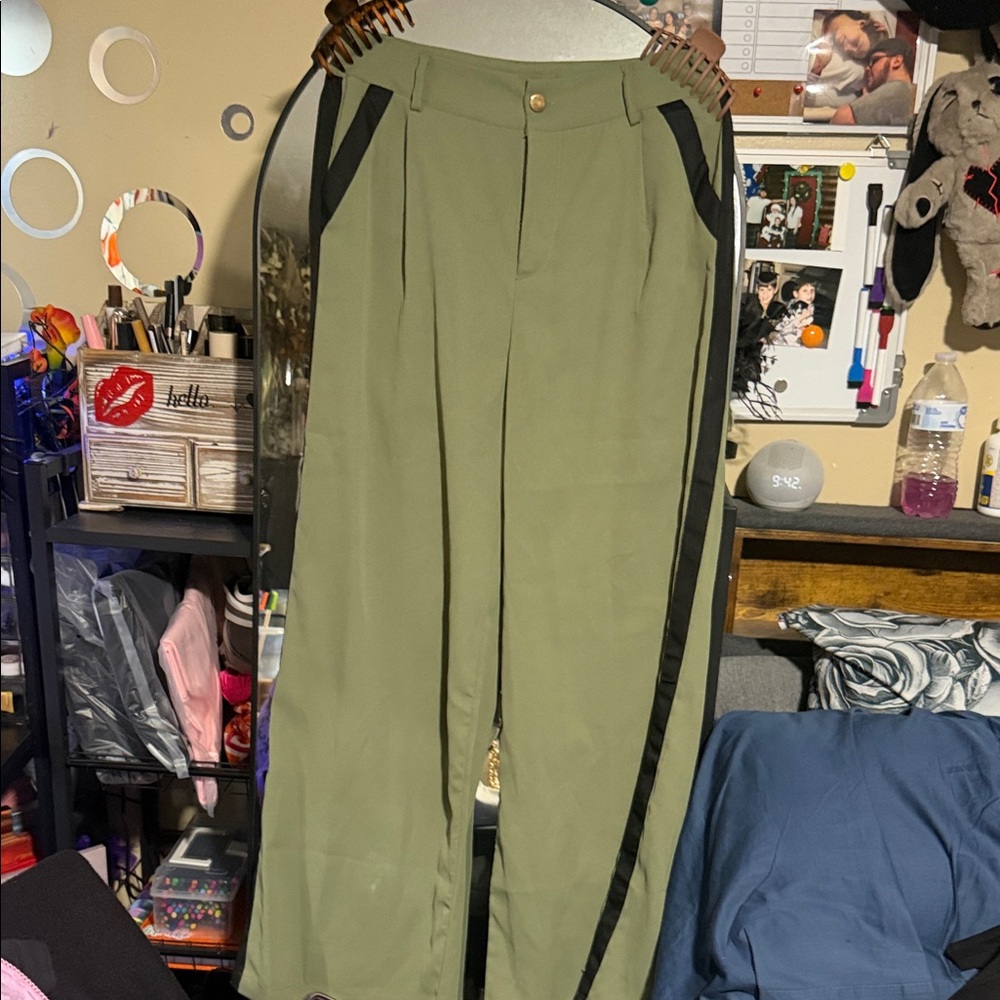 Olive Green Women’s Dress Pants with Black Stripe